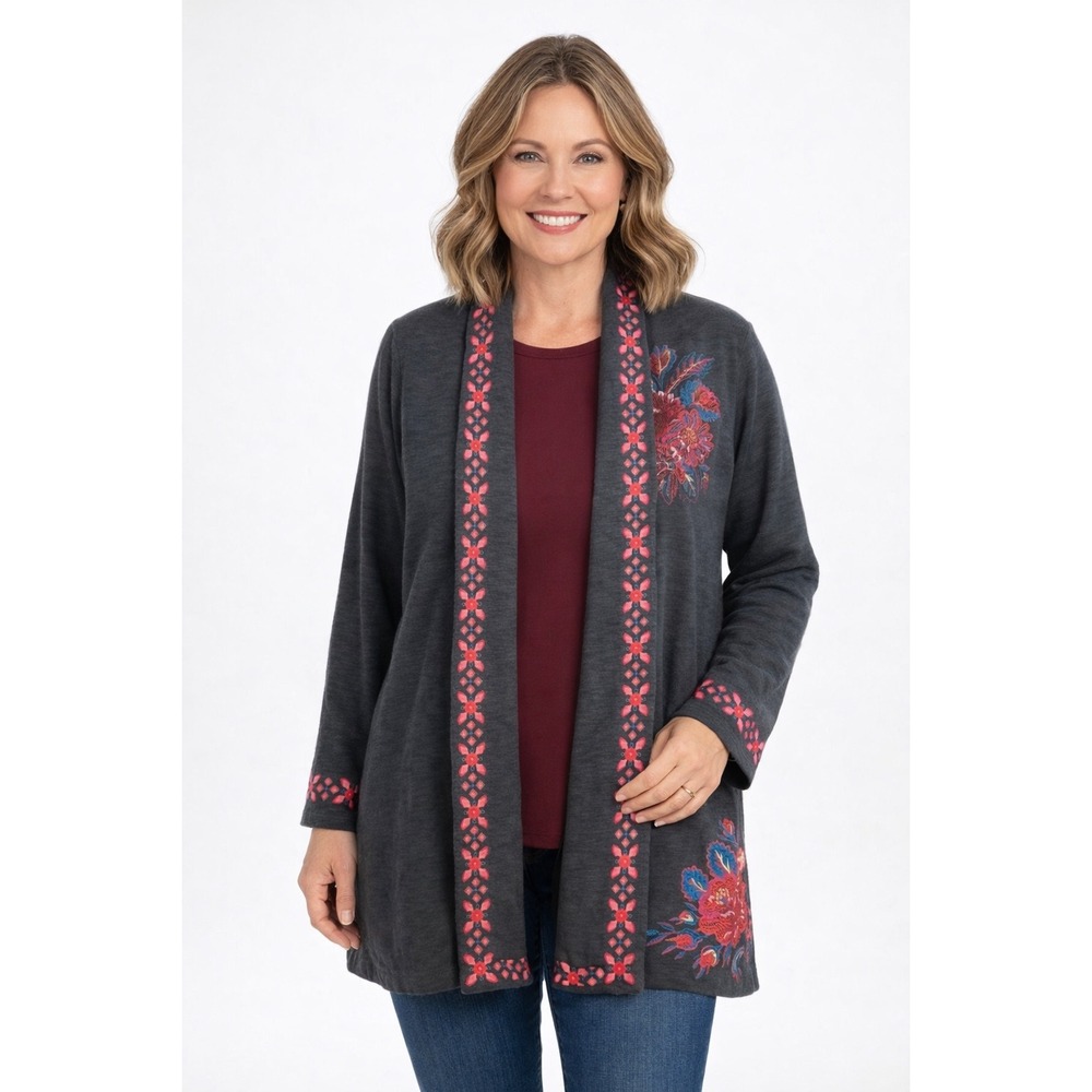 J.Jill Long Duster Cardigan Size M Boho‎ Open Front Floral Embroidered Pockets